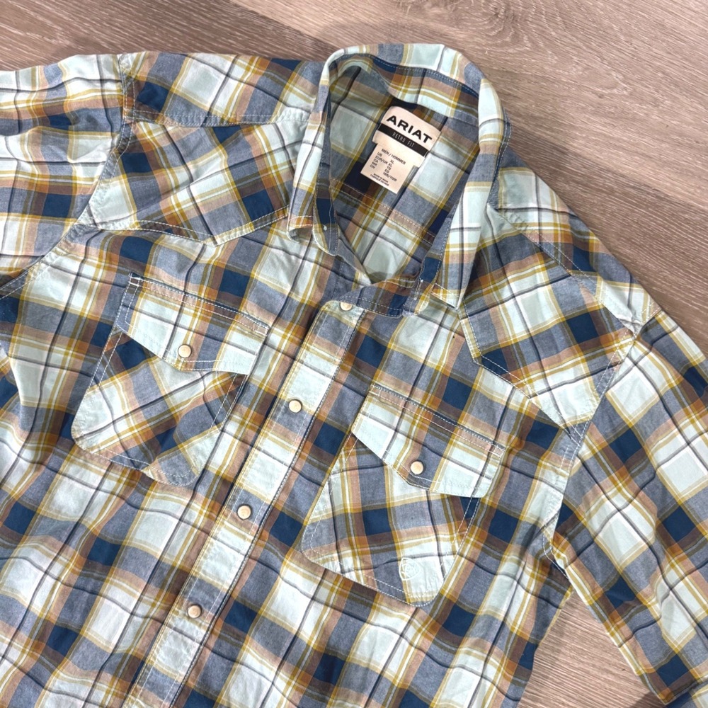 Ariat Shirt Mens XL Blue Plaid Retro Fit Pearl Snap Long Sleeve Western